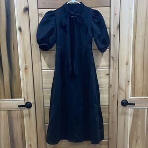 Chic Black Puff Sleeve Dress with Tie-Neck